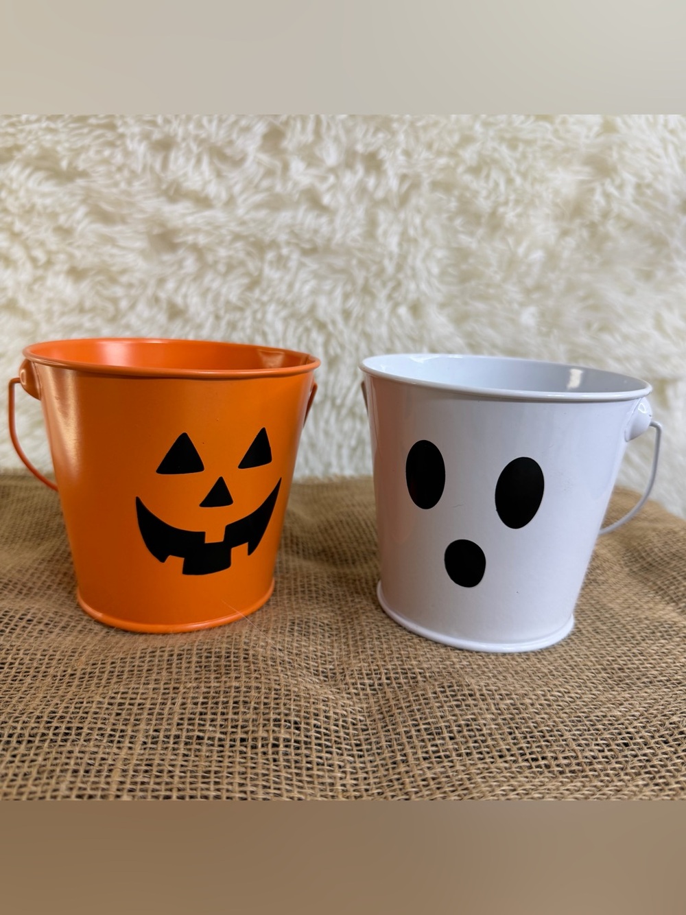 Halloween Jack-O'-Lantern Orange & Ghost White Metal Treat Buckets - Unbranded